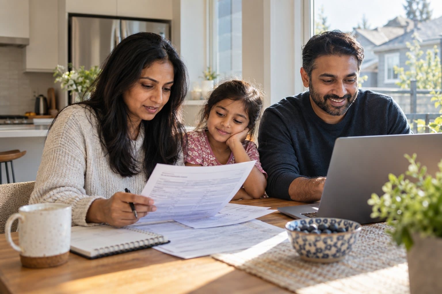 A family going over their tax documents at the kitchen table